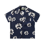 Denim Tears Navy Blue All Over White Floral Wreath Print Camp Collar Short