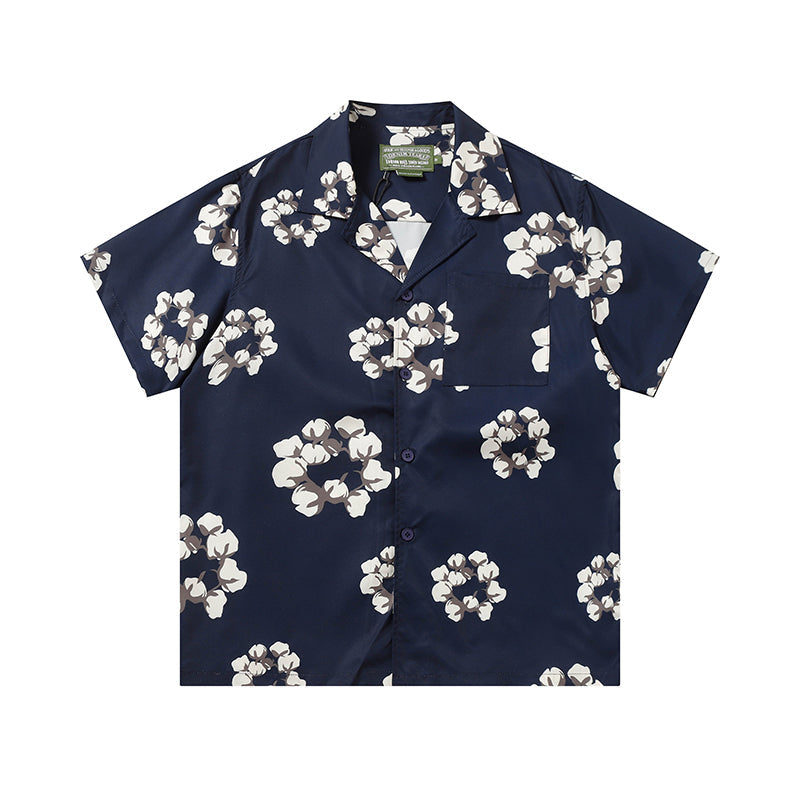 Denim Tears Navy Blue All Over White Floral Wreath Print Camp Collar Short