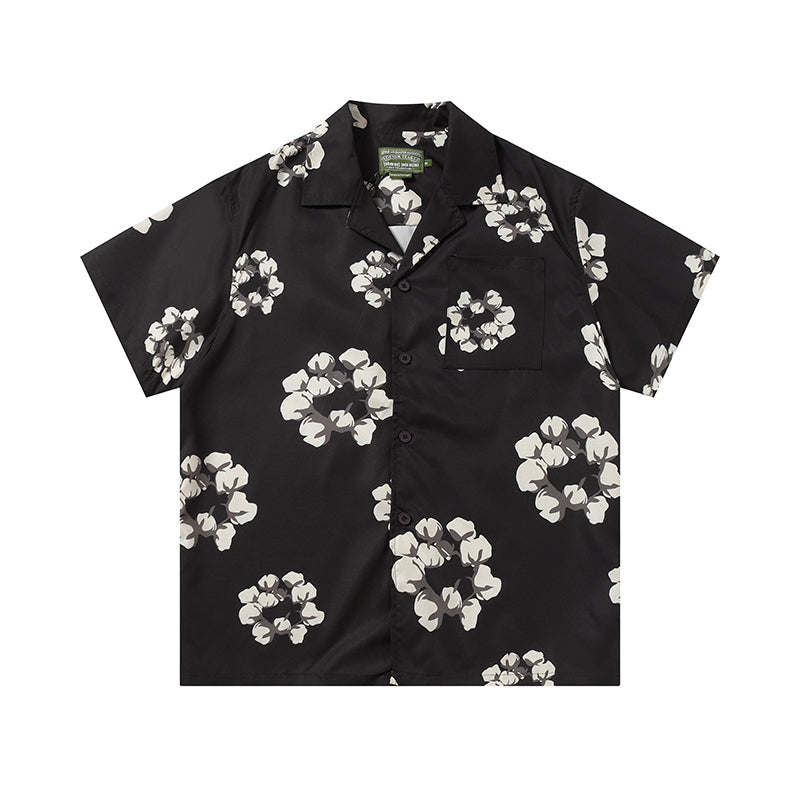 Denim Tears Black Base White Floral Wreath Print Camp Collar Short
