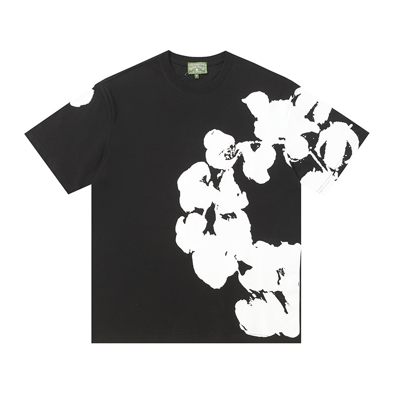 Denim Tears Black Oversized Short Sleeve T-Shirt With Asymmetrical White Floral Print