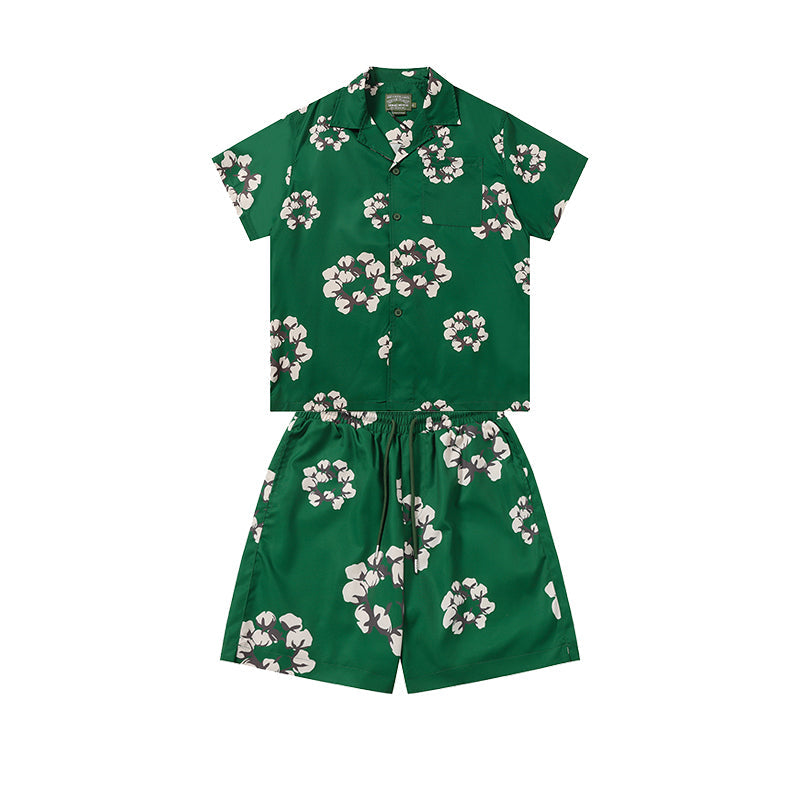 Denim Tears Emerald Green Floral Wreath Print Camp Collar Shirt & Drawstring Shorts