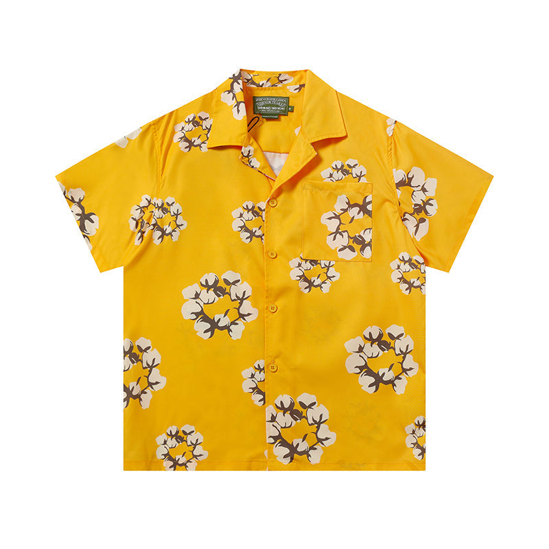 Denim Tears Bright Yellow Floral Wreath Print Camp Collar Short