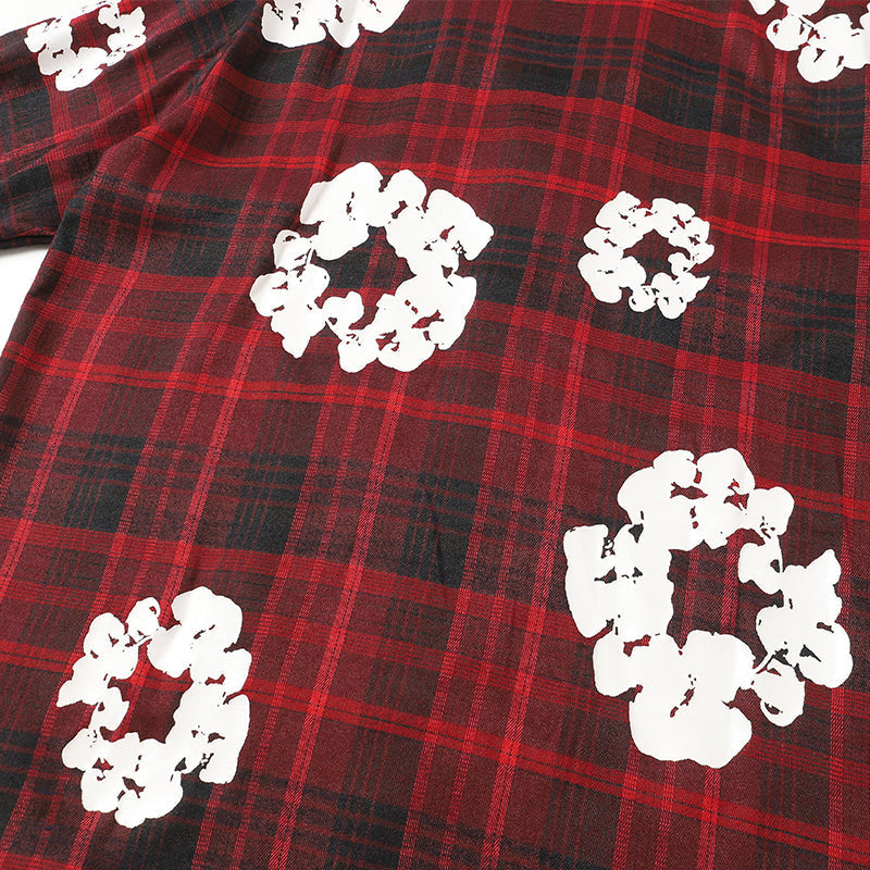 Denim Tears Red and black checkered white wreath printed loose long-sleeved shirt