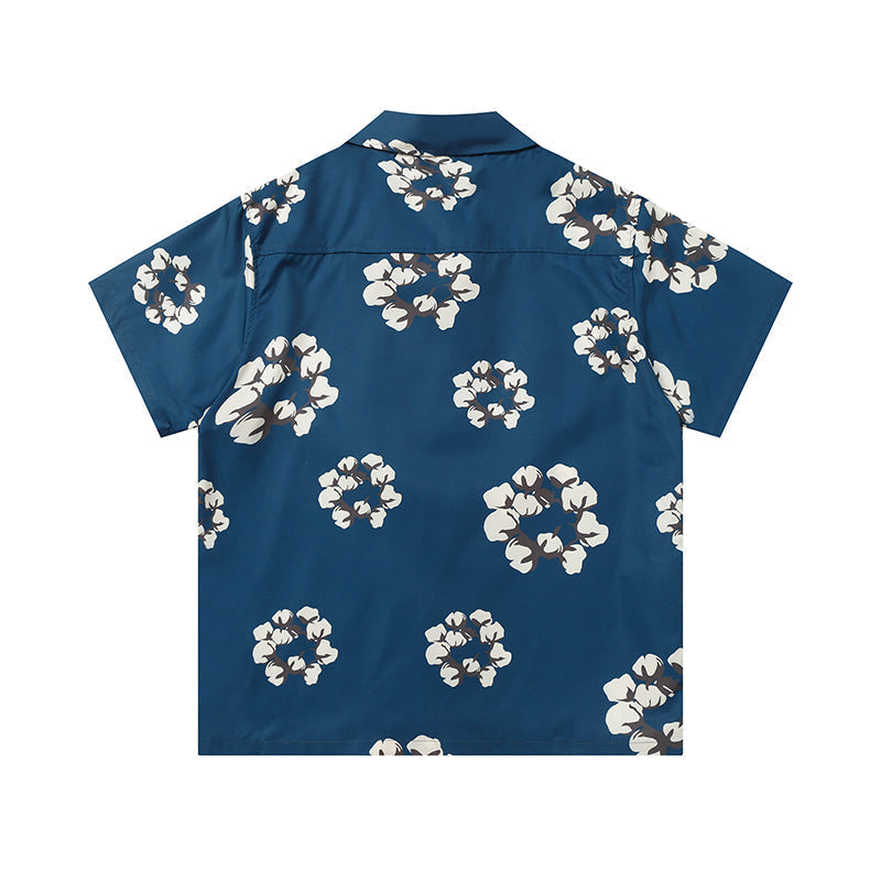 Denim Tears Deep Blue Floral Wreath Print Camp Collar Short Sleeve