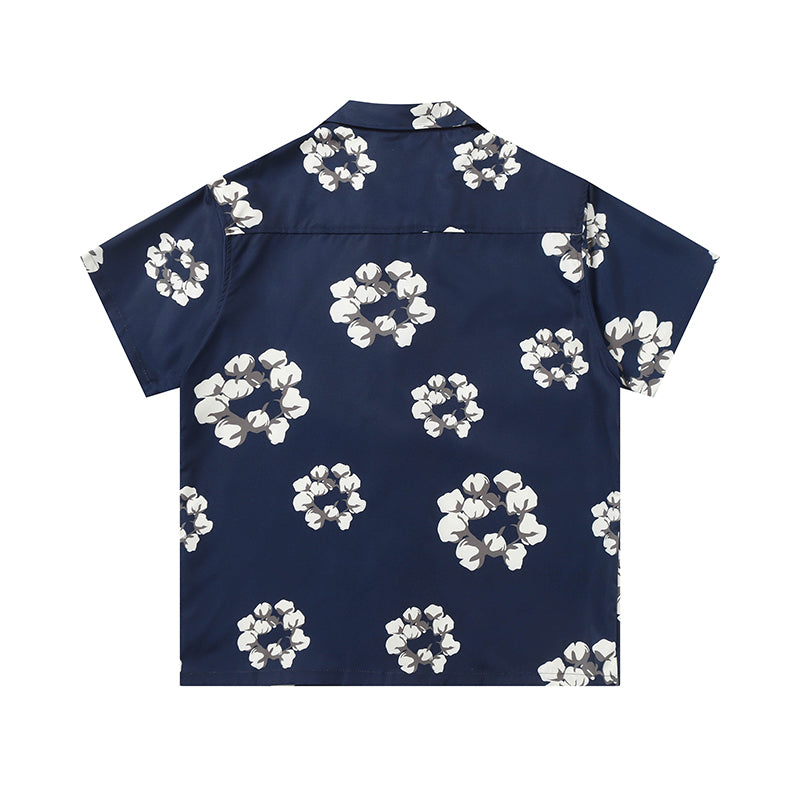 Denim Tears Navy Blue All Over White Floral Wreath Print Camp Collar Short