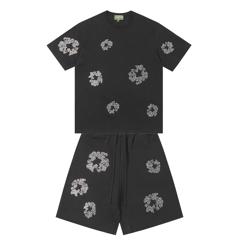 Denim Tears Black Grey Floral Ring Print Crew Neck T-Shirt & Drawstring Shorts