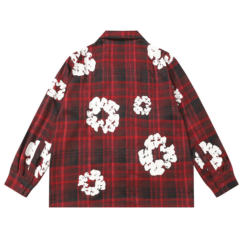 Denim Tears Red and black checkered white wreath printed loose long-sleeved shirt