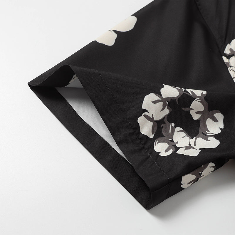 Denim Tears Black White Floral Wreath Print Camp Collar Shirt & Drawstring Shorts