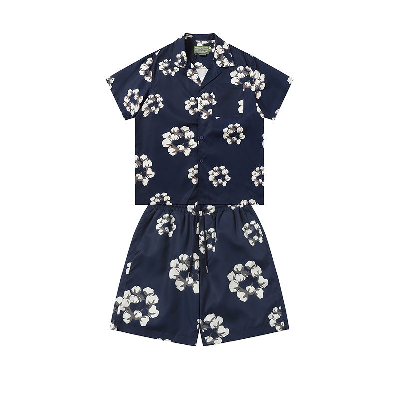 Denim Tears Navy Blue White Floral Ring Print Camp Collar Shirt & Drawstring Shorts