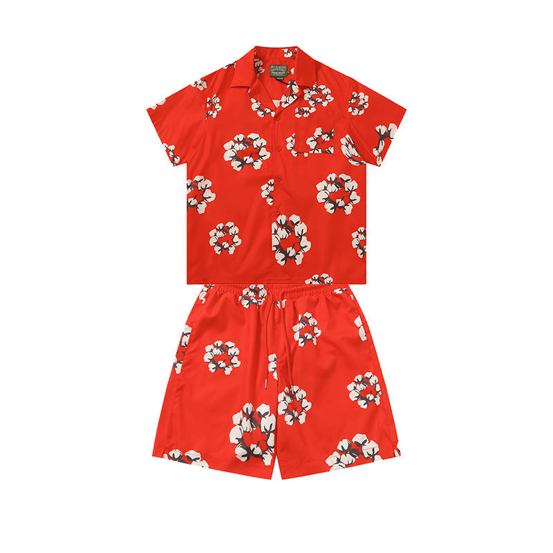 Denim Tears Bright Red Floral Wreath Print Camp Collar Shirt & Drawstring Shorts