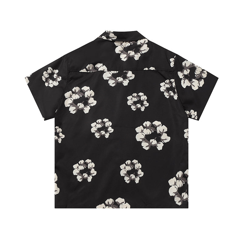 Denim Tears Black Base White Floral Wreath Print Camp Collar Short