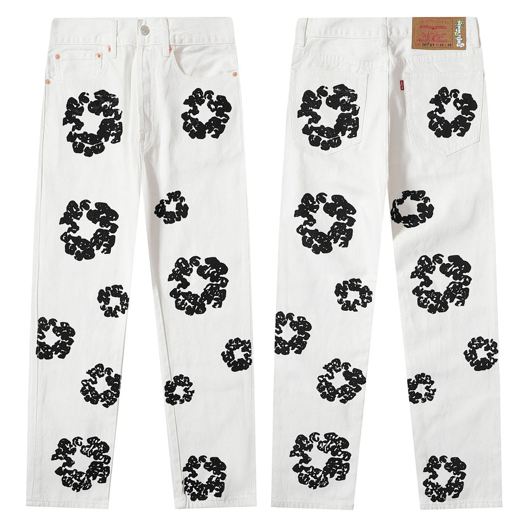 Denim Tears All‑Over Black Floral Print Straight‑Leg Streetwear Pants