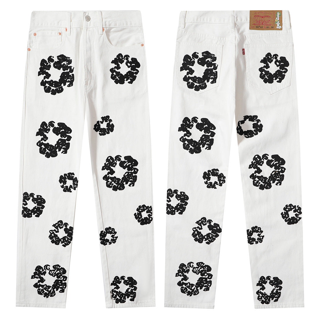 Denim Tears All‑Over Black Floral Print Straight‑Leg Streetwear Pants