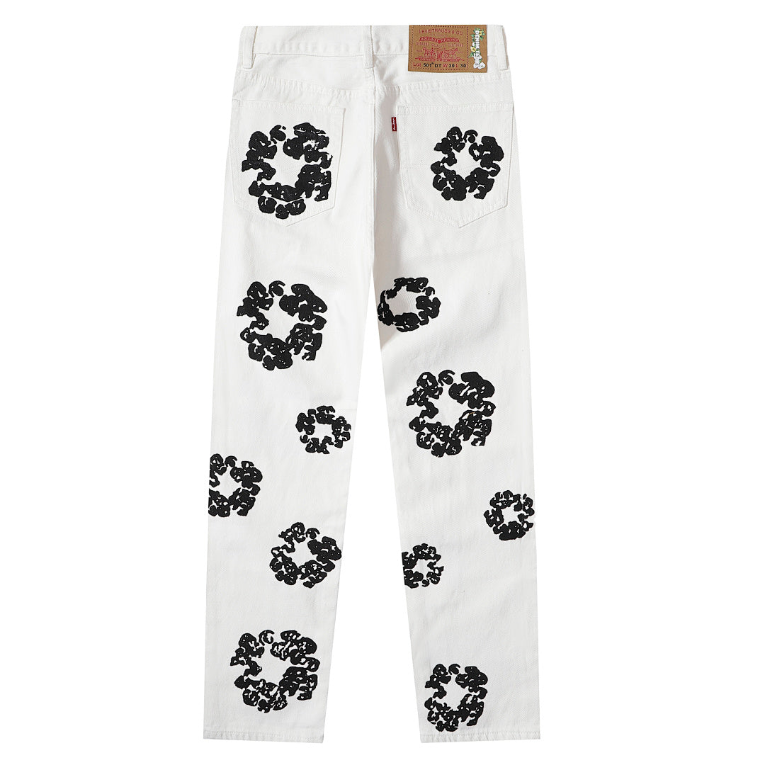 Denim Tears All‑Over Black Floral Print Straight‑Leg Streetwear Pants