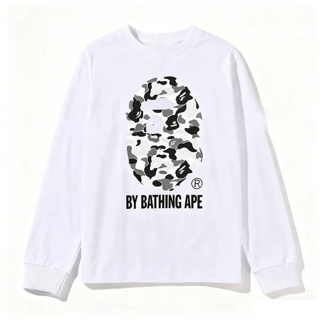 BAPE Style "BY BATHING APE" Camo Ape Head Long-Sleeve Tee - White/Monochrome Camo Hover Image