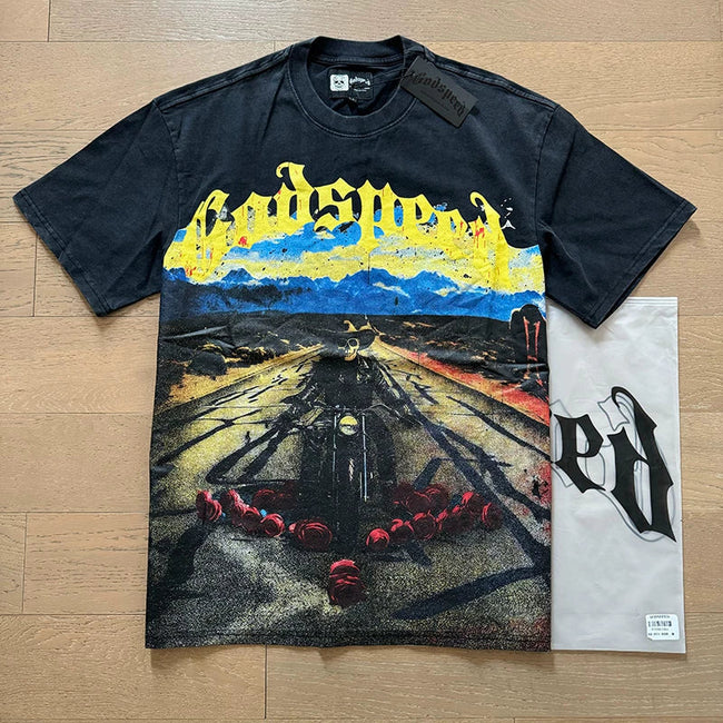 Godspeed Motorcycle and Roses Highway Graphic Tee Cotton Acid Washed Shirt Hover Image