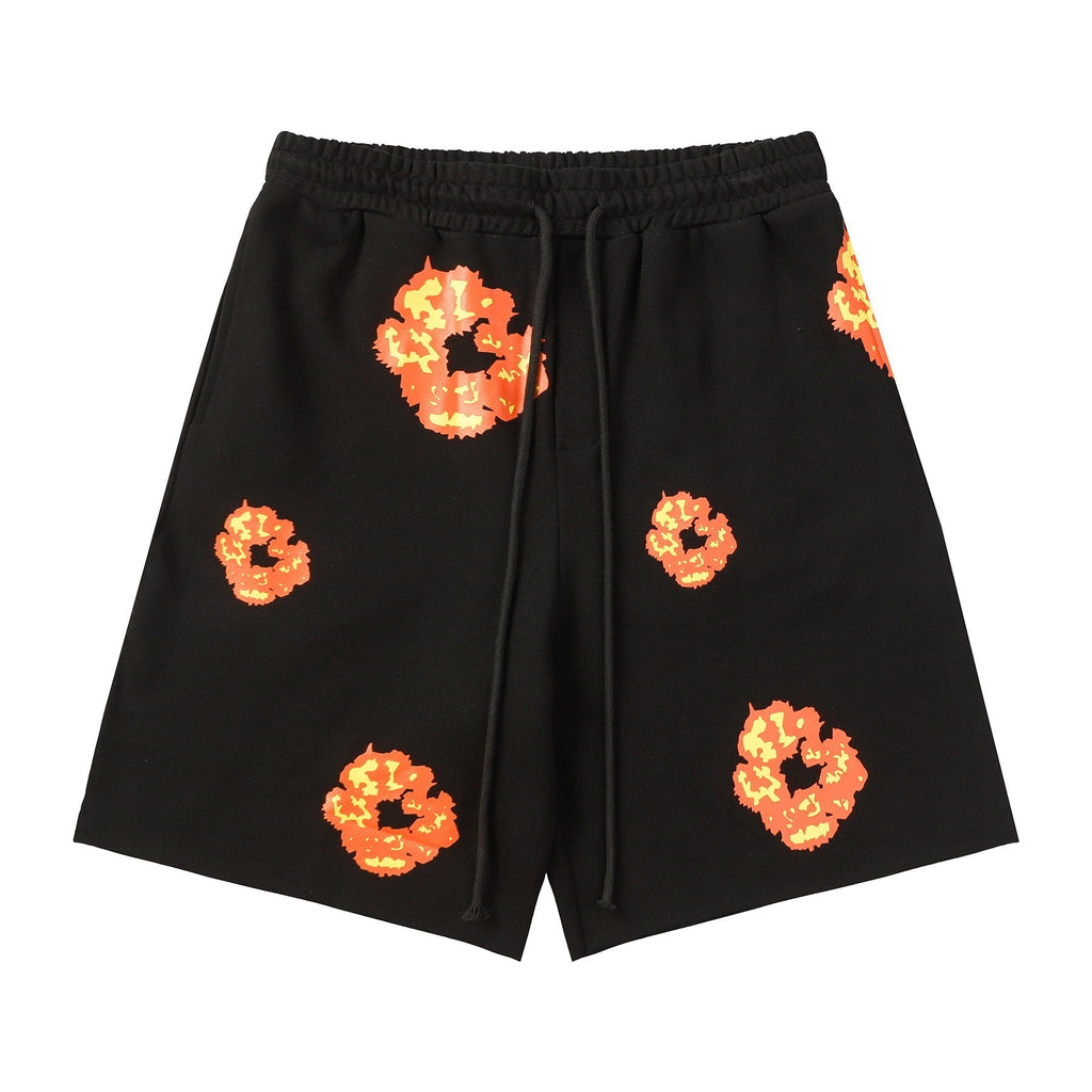 Denim Tears Black Cotton Sweat Shorts With Orange Flower Wreath Print