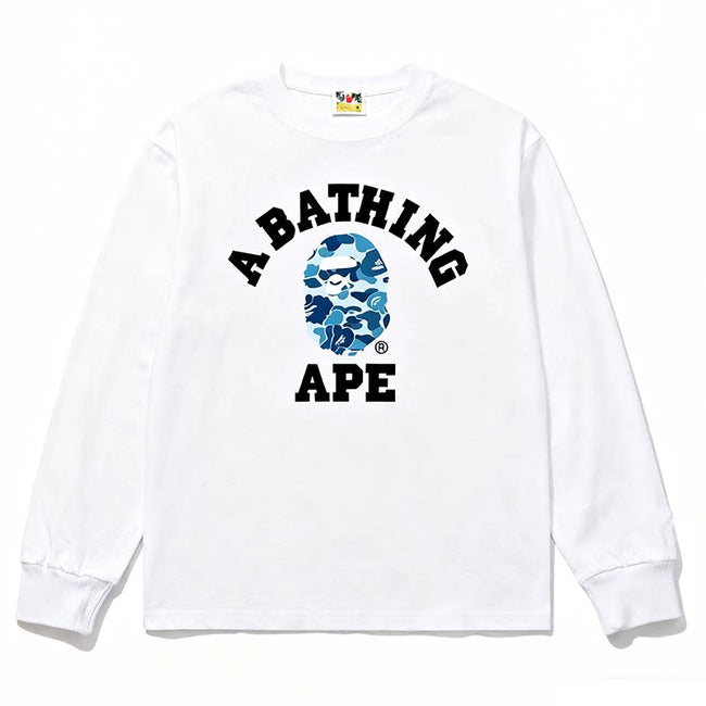BAPE Style Collegiate Arc Logo & Camo Ape Head Long-Sleeve Tee - White/Blue Hover Image