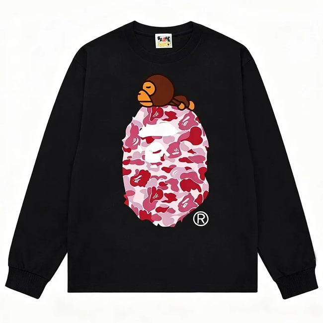 BAPE Style Baby Milo on Camo Ape Head Long-Sleeve Tee - Black/Pink Hover Image