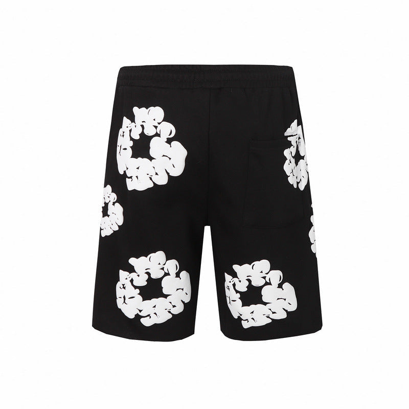 Denim Tears Black Cotton Sweat Shorts With White Textured Flower Wreath Print