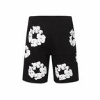 Denim Tears Black Cotton Sweat Shorts With White Textured Flower Wreath Print