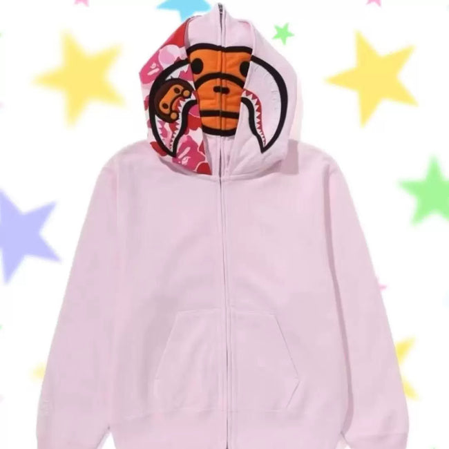BAPE Style Solid Pastel Pink Shark Full-Zip Hoodie - Pink Camo Interior Hover Image