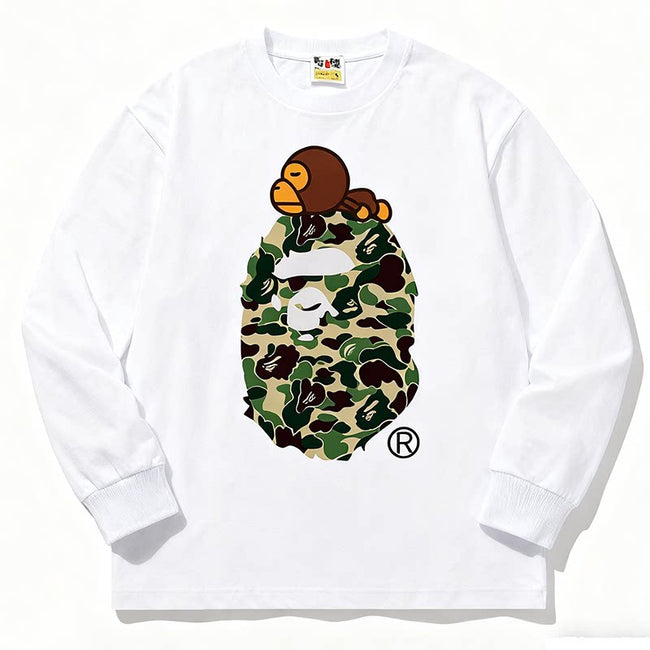 BAPE Style Baby Milo on Camo Ape Head Long-Sleeve Tee - White/Green Hover Image