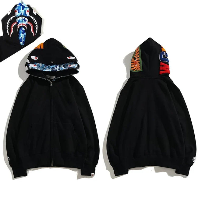 BAPE Style Solid Black Shark Full-Zip Hoodie - Blue Camo Interior Hover Image
