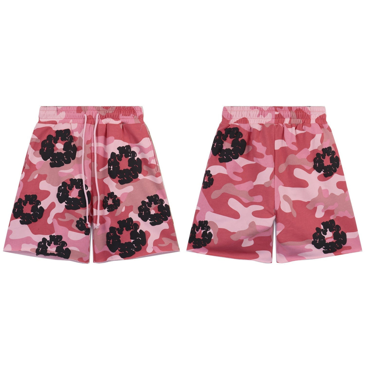 Denim Tears Pink Camo Mesh Basketball Shorts With All Over Black Flower Wreath Print