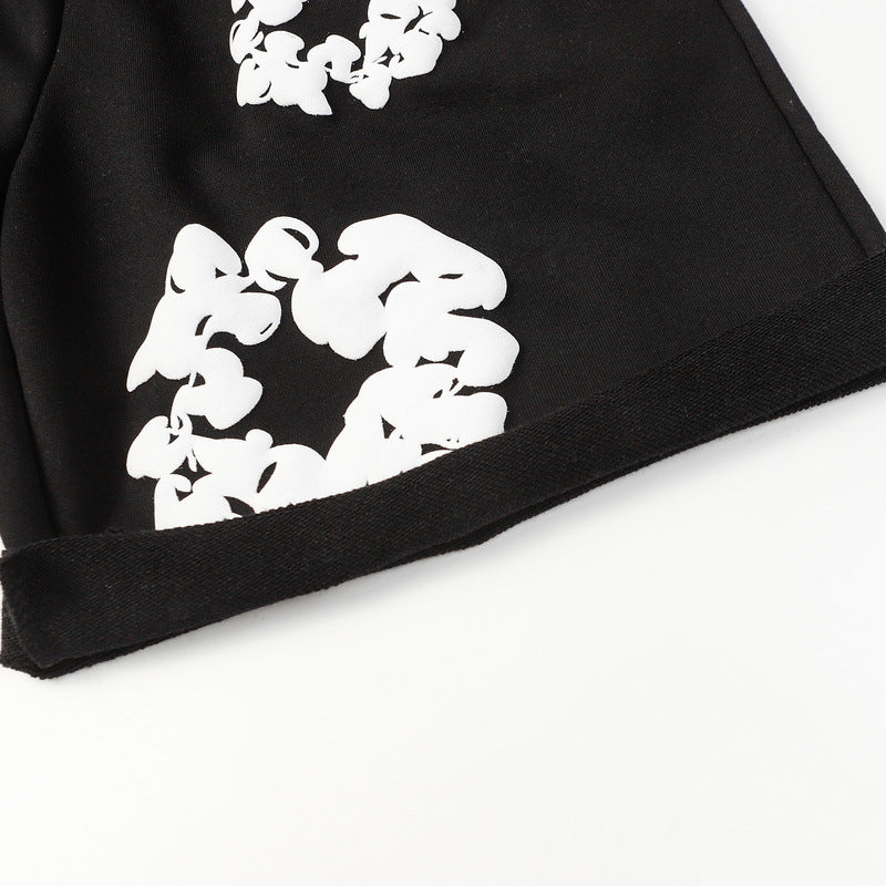 Denim Tears Black Cotton Sweat Shorts With White Textured Flower Wreath Print