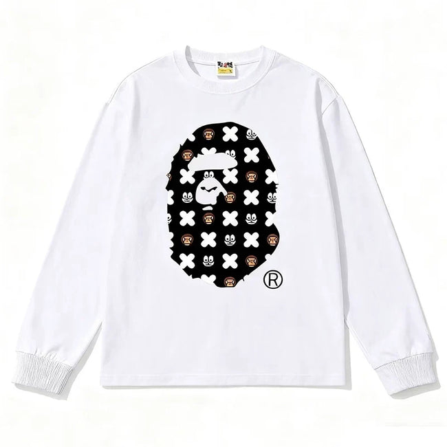 BAPE Style All-Over Cartoon Print Ape Head Long-Sleeve Tee - White Hover Image