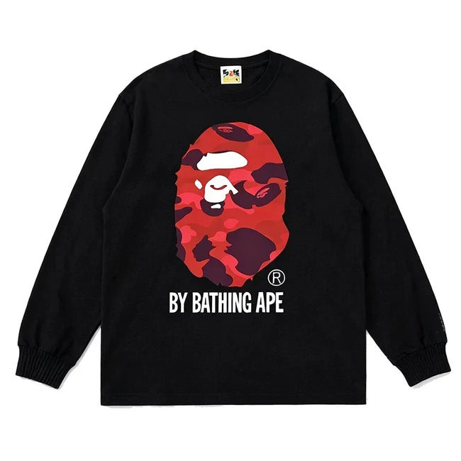 BAPE Style "BY BATHING APE" Camo Ape Head Long-Sleeve Tee - Black/Red Hover Image