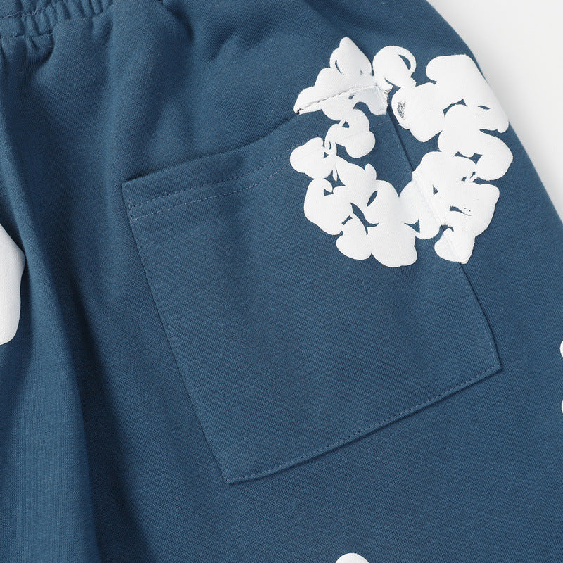Denim Tears Blue Cotton Sweat Shorts With White Textured Flower Wreath Print