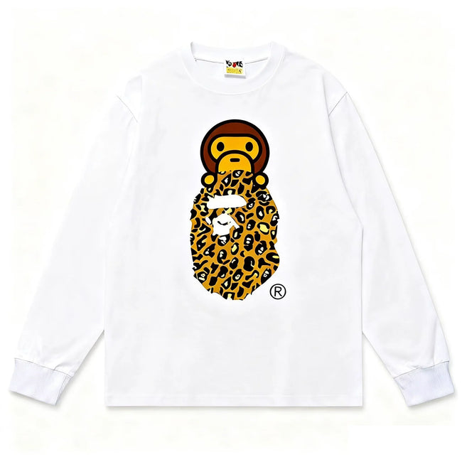 BAPE Style Baby Milo on Leopard Camo Ape Head Long-Sleeve Tee - White/Leopard Hover Image