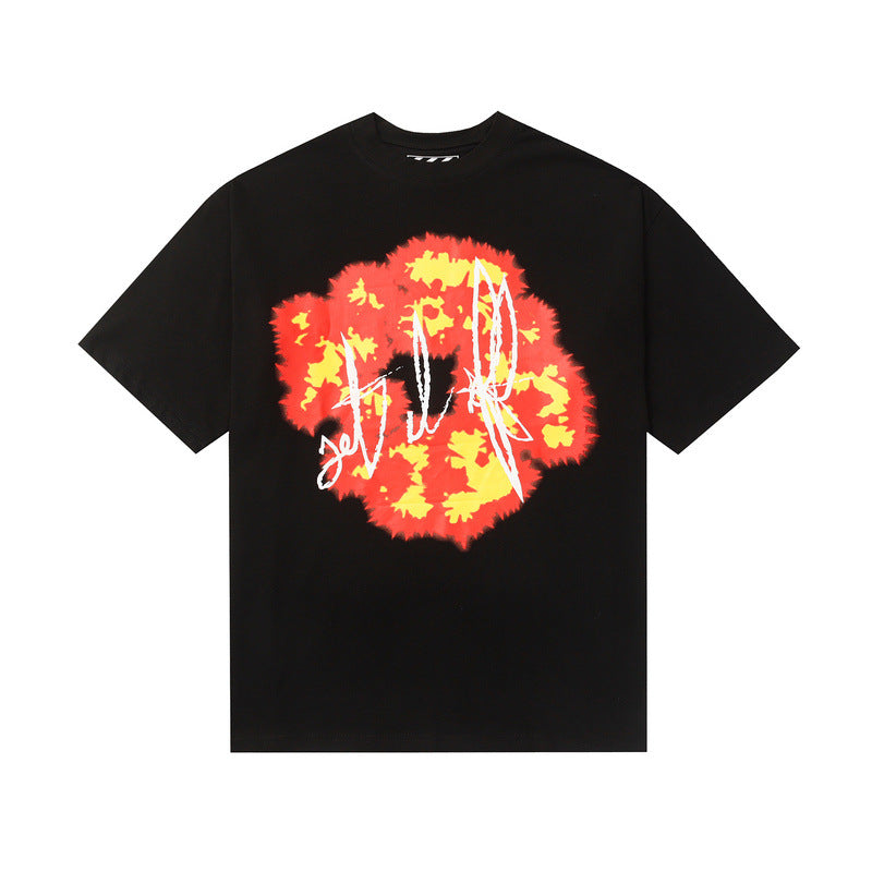 Denim Tears Black Oversized Red-Yellow Fire Flower Graphic Short Sleeve T-Shirt