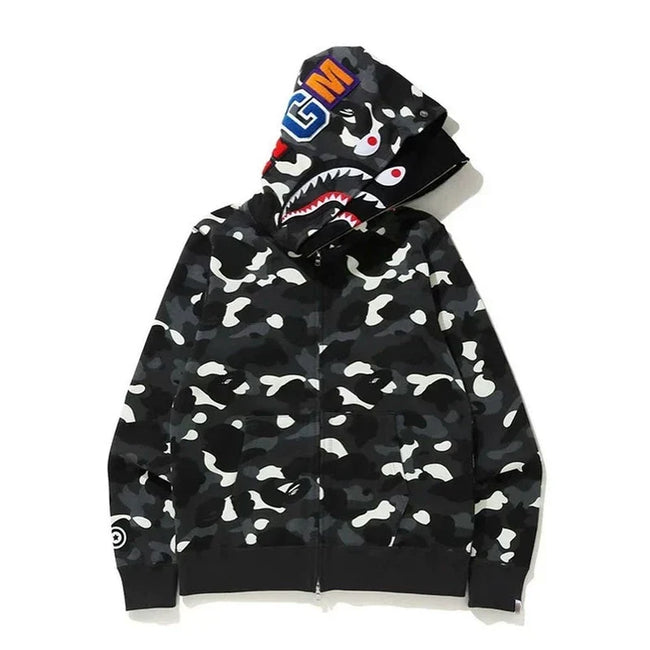 BAPE Style Camo Shark Full-Zip Hoodie - Black/Grey Hover Image