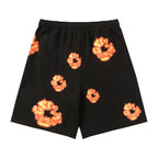 Denim Tears Black Cotton Sweat Shorts With Orange Flower Wreath Print