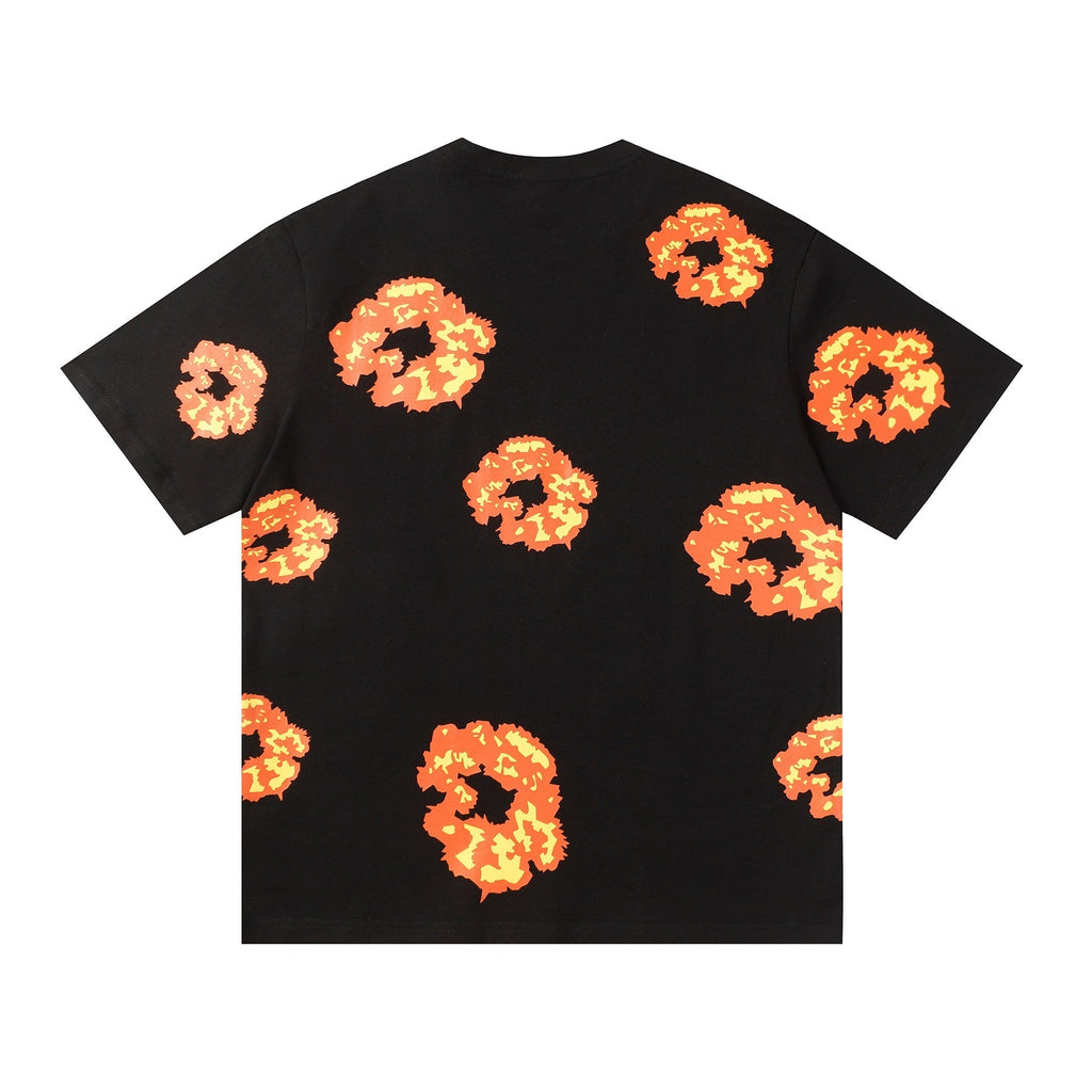 Denim Tears Black Oversized Tee With All Over Gradient Orange Flower Wreath Print