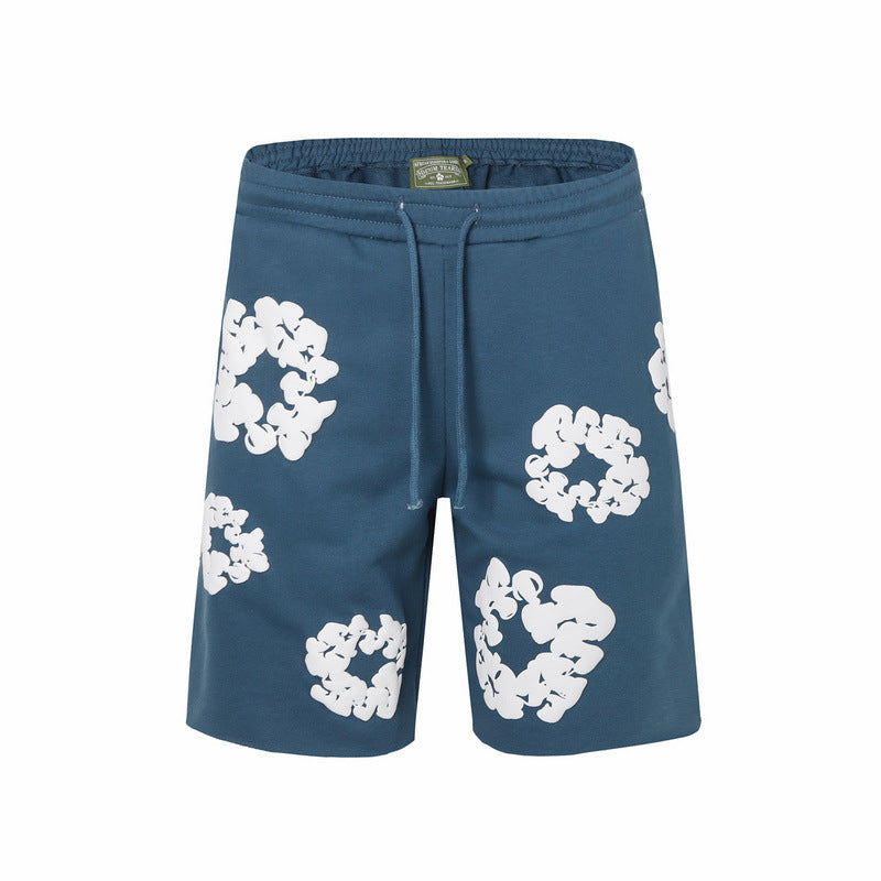 Denim Tears Blue Cotton Sweat Shorts With White Textured Flower Wreath Print