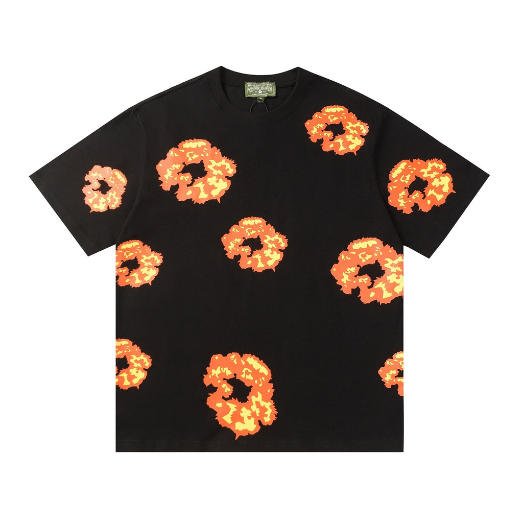 Denim Tears Black Oversized Tee With All Over Gradient Orange Flower Wreath Print