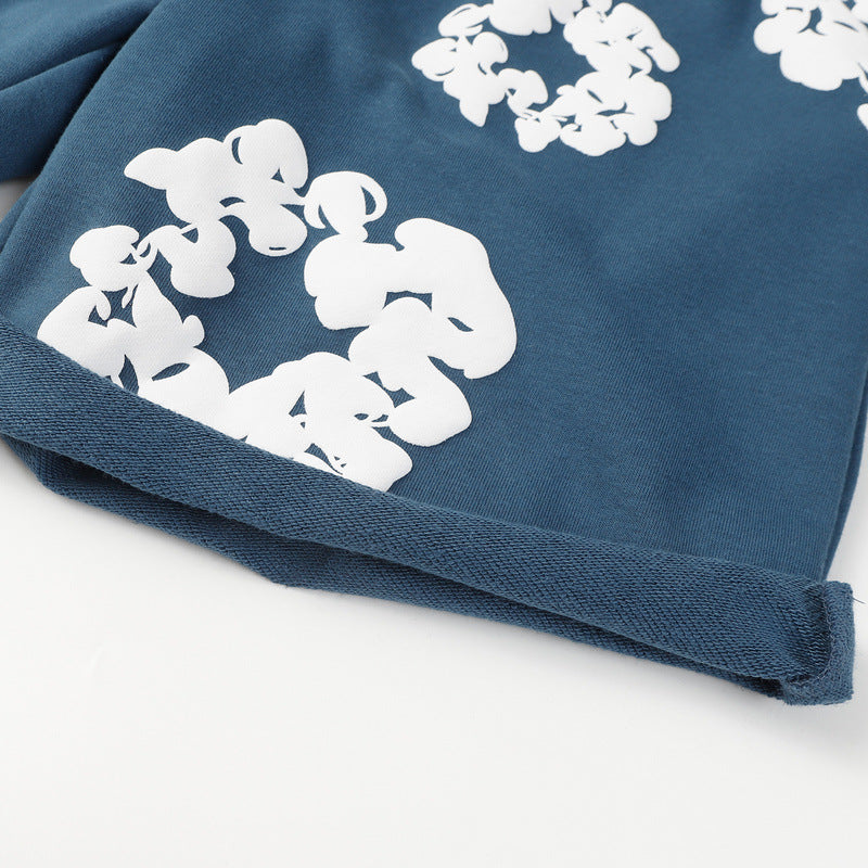 Denim Tears Blue Cotton Sweat Shorts With White Textured Flower Wreath Print