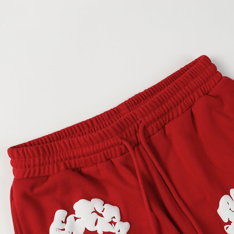 Denim Tears Red Cotton Sweat Shorts With White Textured Flower Wreath Print
