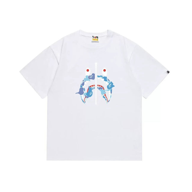 BAPE Style Camo Shark Full-Zip Motif Short-Sleeve Tee - White/Blue Hover Image