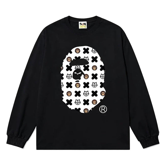 BAPE Style All-Over Cartoon Print Ape Head Long-Sleeve Tee - Black Hover Image