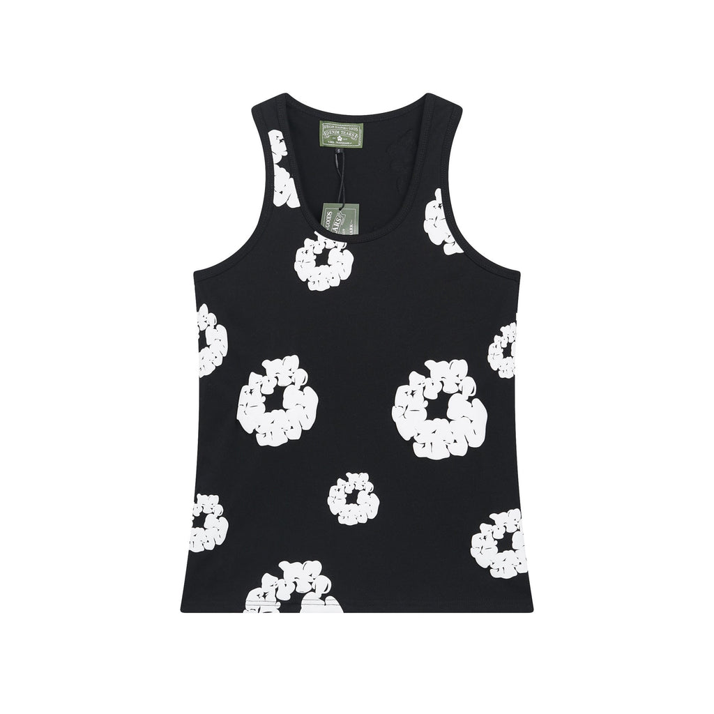 Denim Tears Black All Over White Floral Wreath Print Ribbed Slim Tank Top
