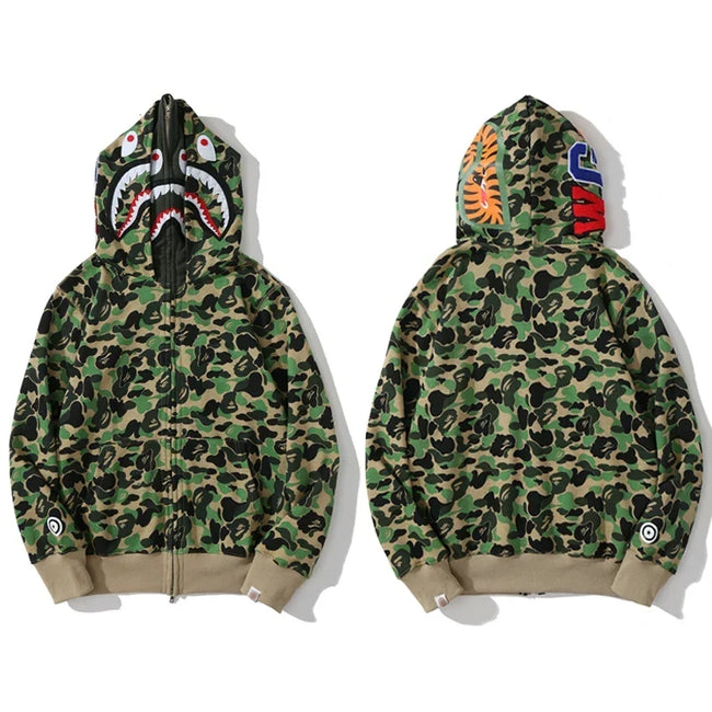 BAPE Style Camo Shark Full-Zip Hoodie - Classic Green Hover Image