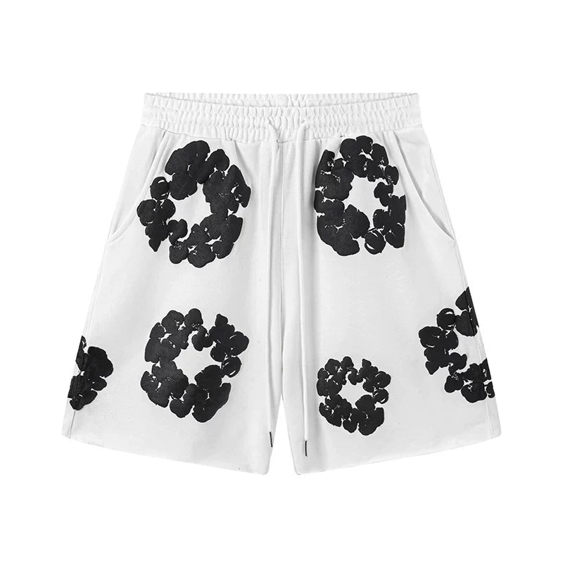 Denim Tears White‑Base Black Cotton Wreath Print Casual Shorts