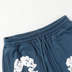 Denim Tears Blue Cotton Sweat Shorts With White Textured Flower Wreath Print