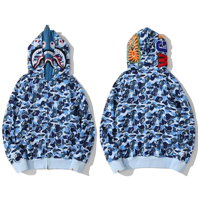 BAPE Style Camo Shark Full-Zip Hoodie - Light Blue Hover Image