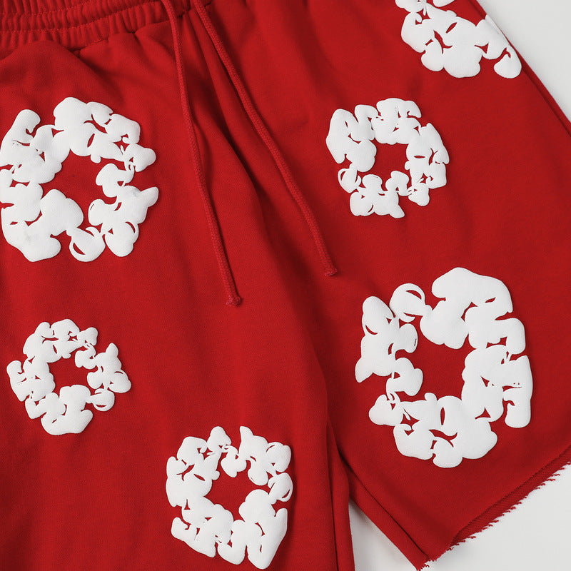 Denim Tears Red Cotton Sweat Shorts With White Textured Flower Wreath Print